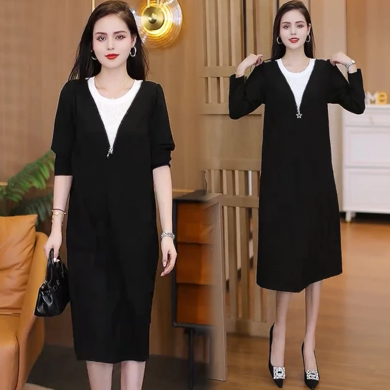 时尚连衣裙女2025秋季新款洋气显瘦假两件设计感宽松休闲直筒裙