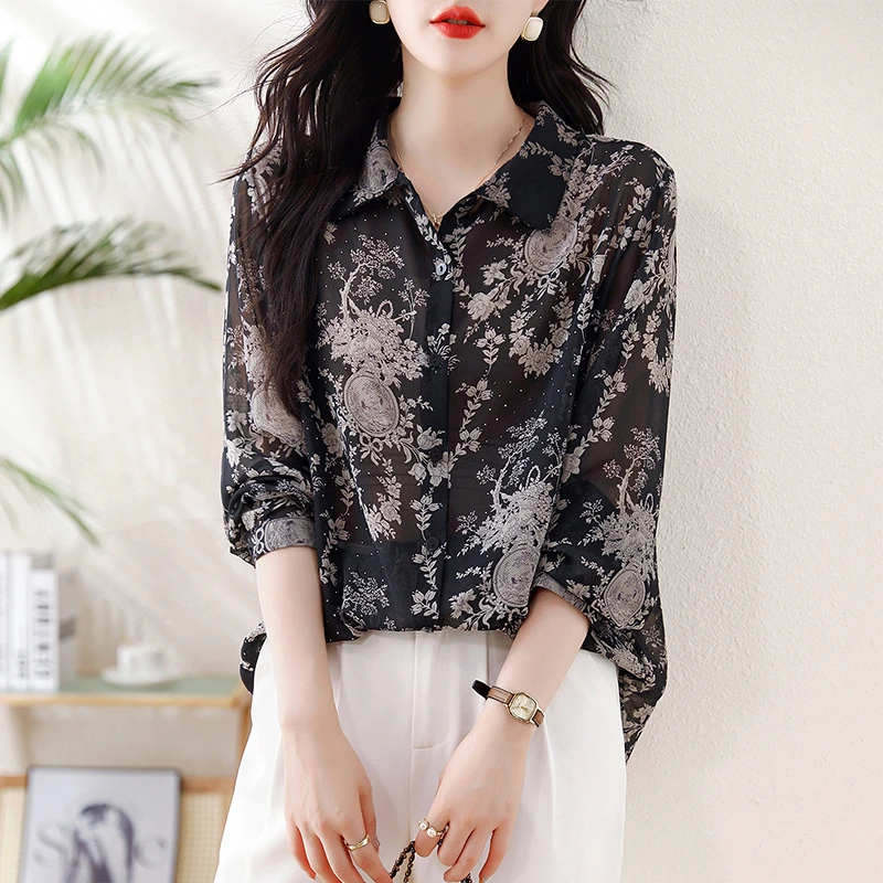 2025春新款印花烫钻大码遮肚显瘦雪纺上衣女洋气衬衫时尚衬衣1316
