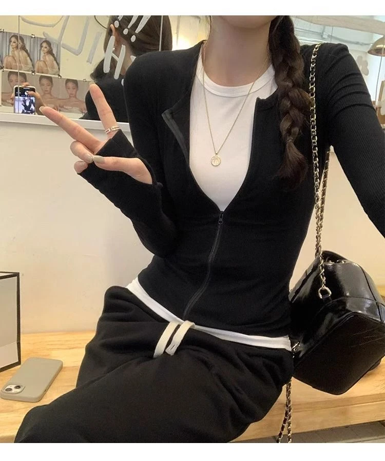 美式复古假两件修身上衣女2025秋季设计感短款t恤内搭长袖