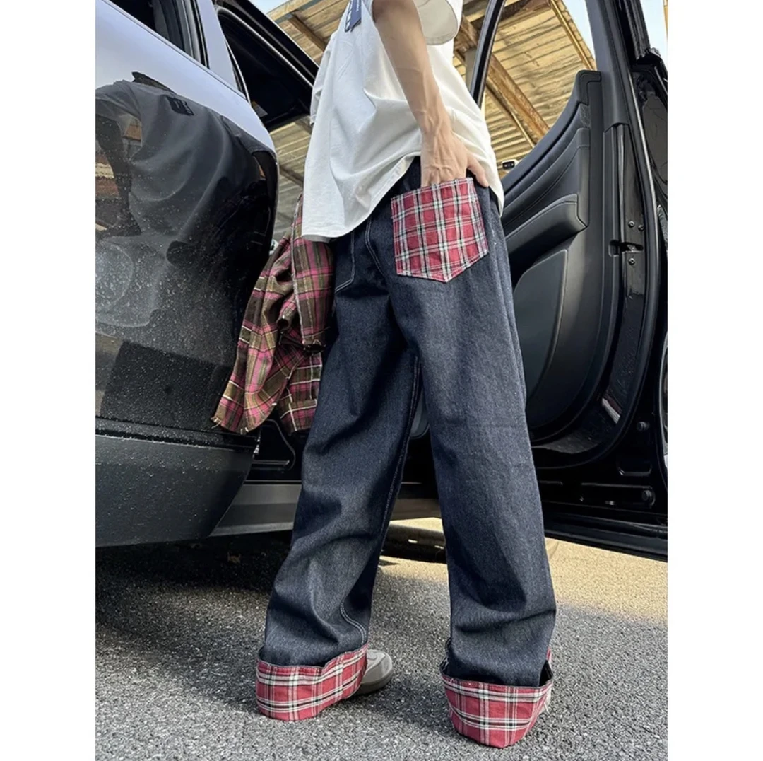 01【王德发】红格子卷边阔腿牛仔裤美式hiphop拼接裤子拖地直筒裤