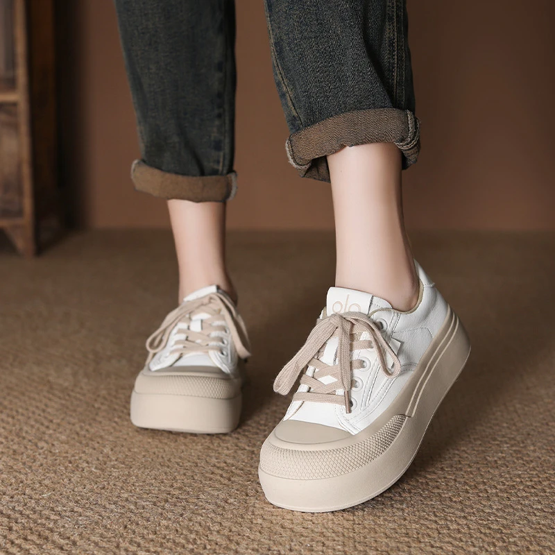 头层牛皮2025秋季新款透气圆头厚底百搭休闲板鞋女小白鞋一脚蹬鞋