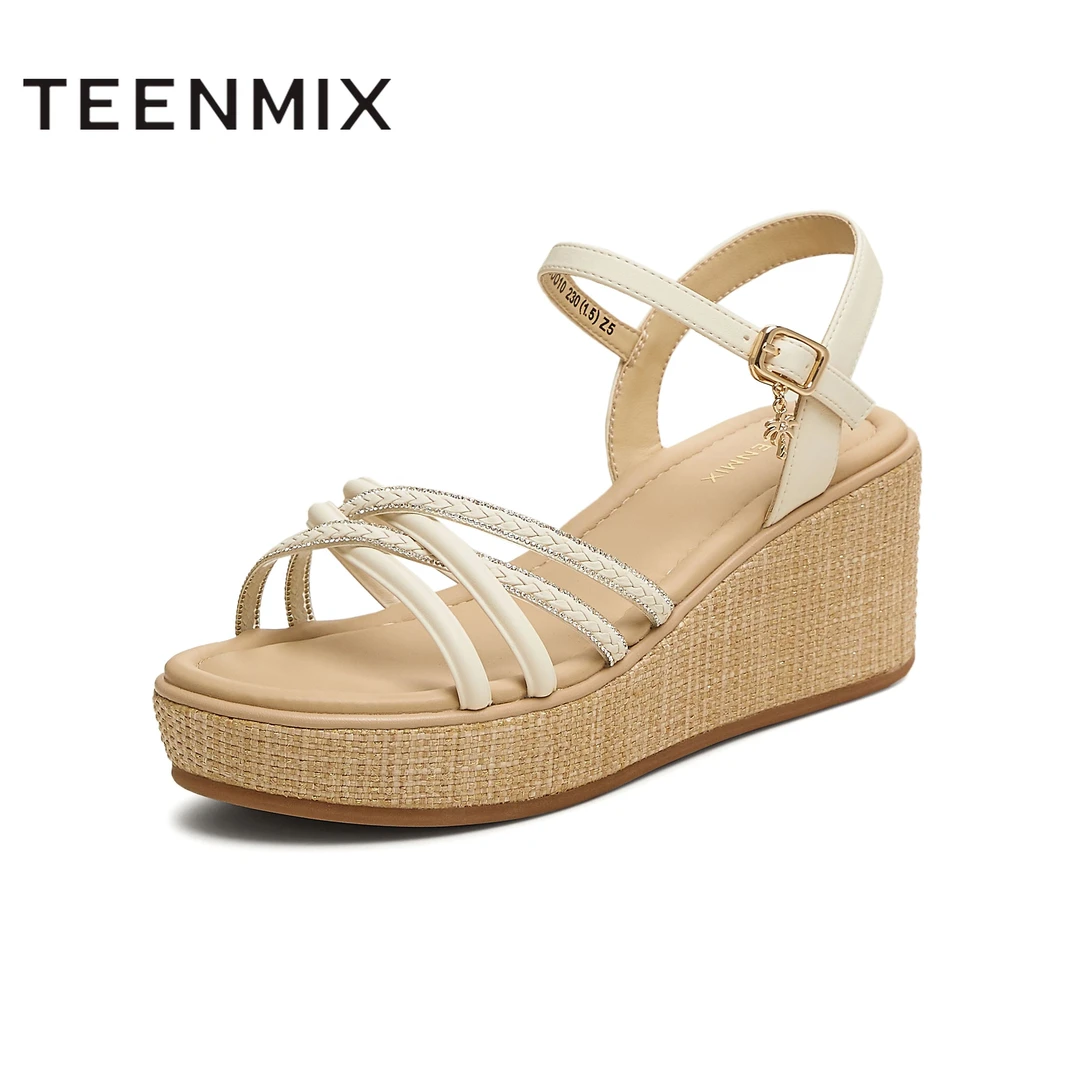 天美意25夏新款商场同款坡跟女一字带凉鞋COO10BL5/COO12BT5