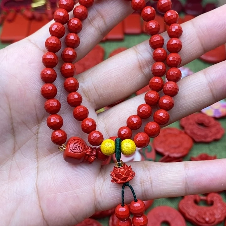 天然辰砂切面珠双圈手串