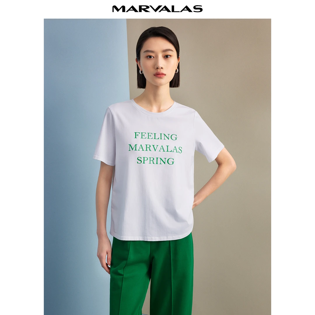 【许半夏推荐】宽松圆领T恤美式字母印花百搭五分袖上衣M313100472