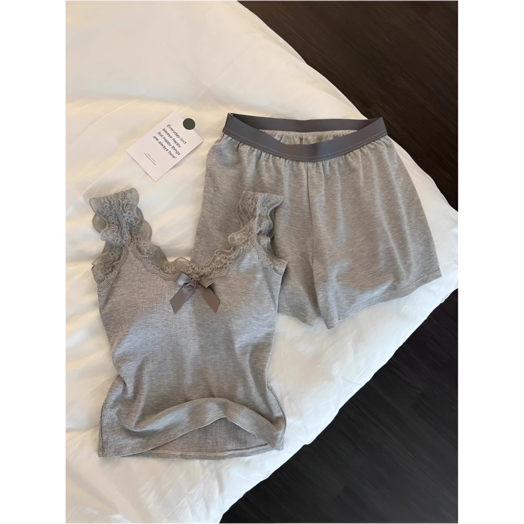 【纯欲辣妹风】蕾丝边睡衣女2025夏款性感带胸垫背心短裤家居服套装