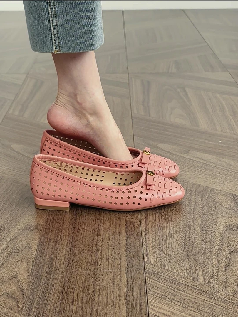 镂空方头低跟浅口夏季蝴蝶结单鞋沙滩平底鞋软底舒适