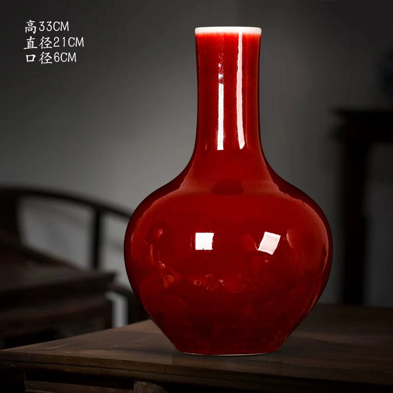 景德镇陶瓷器霁红花瓶将军罐大号客厅郎红茶叶罐子带盖储物罐摆件