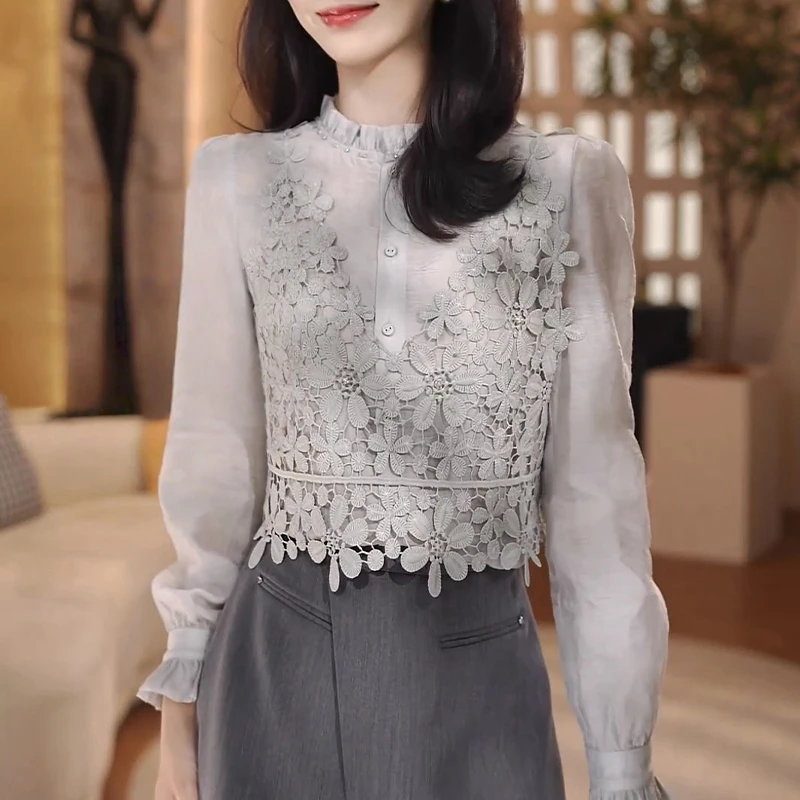 法式复古蕾丝拼接长袖衬衫女2025秋季新款立领小众设计感漂亮衬衣