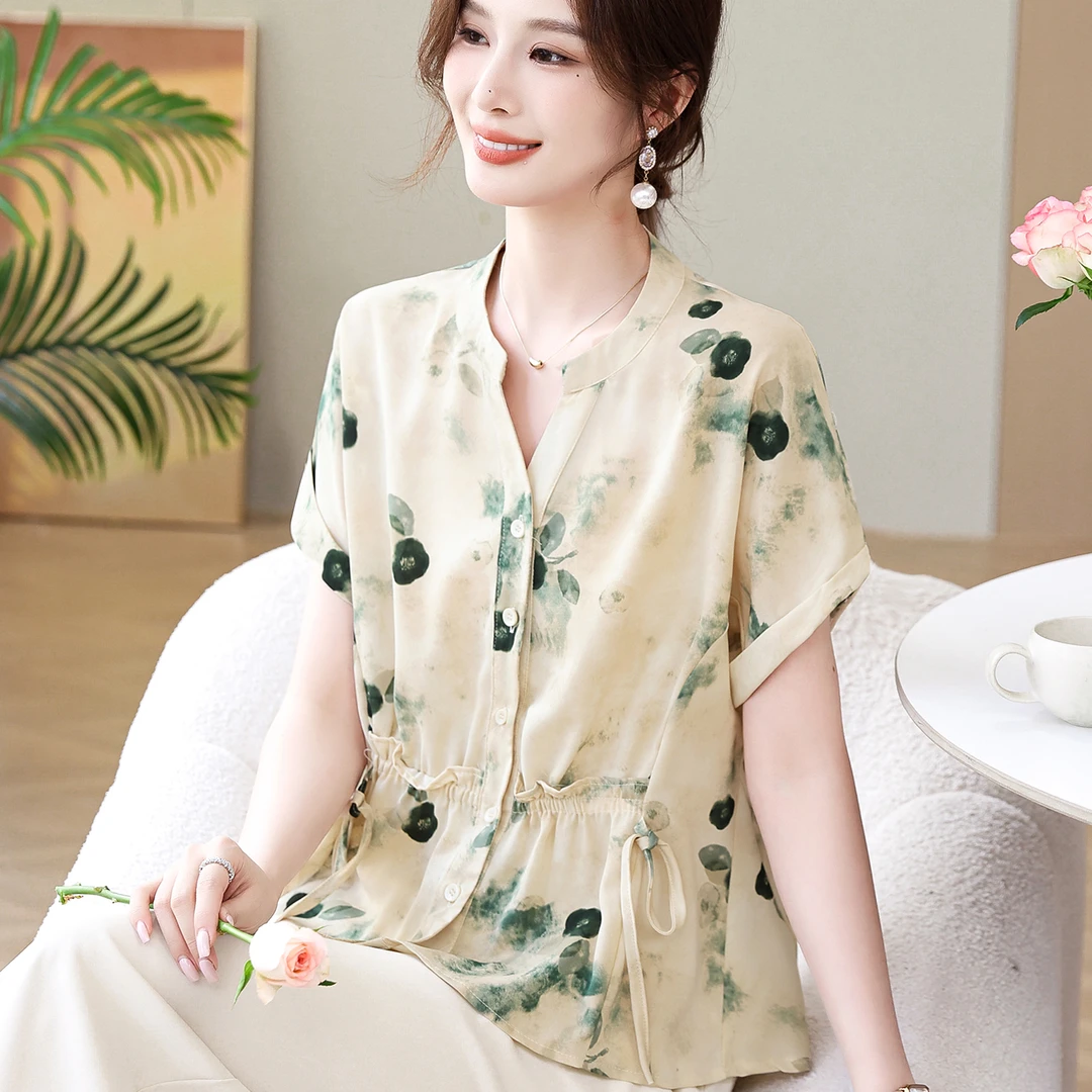 2025新款中年妈妈夏装套装雪纺小衫上衣中老年女装短袖衬衫两件套