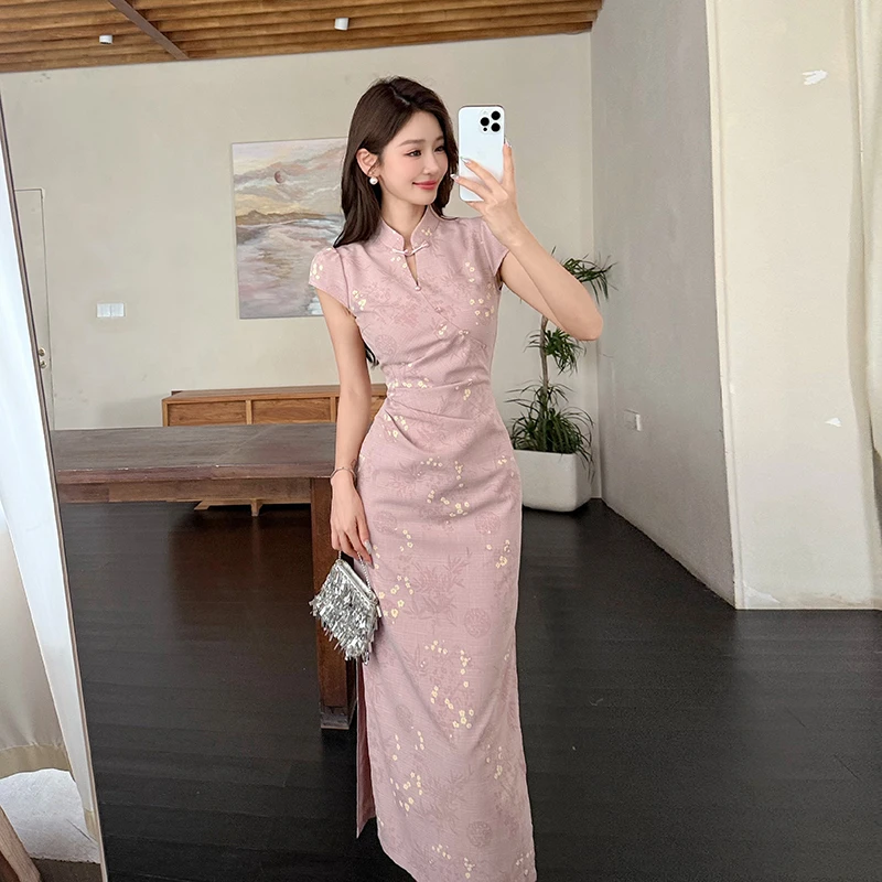 薄款立领印花泡泡袖无袖提花旗袍法式中国风新中式改良旗袍连衣裙