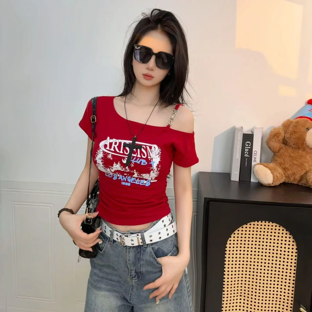 2025新款字母印花斜肩短袖t恤女韩版夏季薄款小众设计感露肩上衣