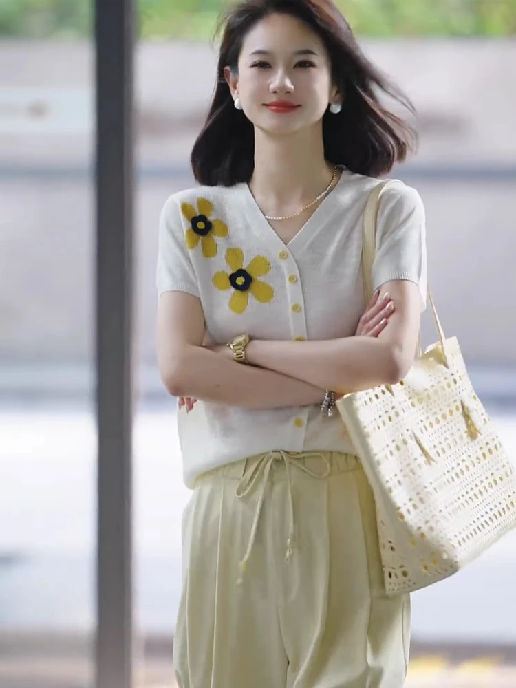 【大姑窝窝】V领时尚洋气百搭短袖针织衫女气质休闲减龄开衫上衣ins