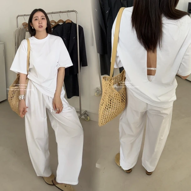 widelia夏季7252新款后背镂空显瘦百搭基础款舒适圆领宽松上衣女