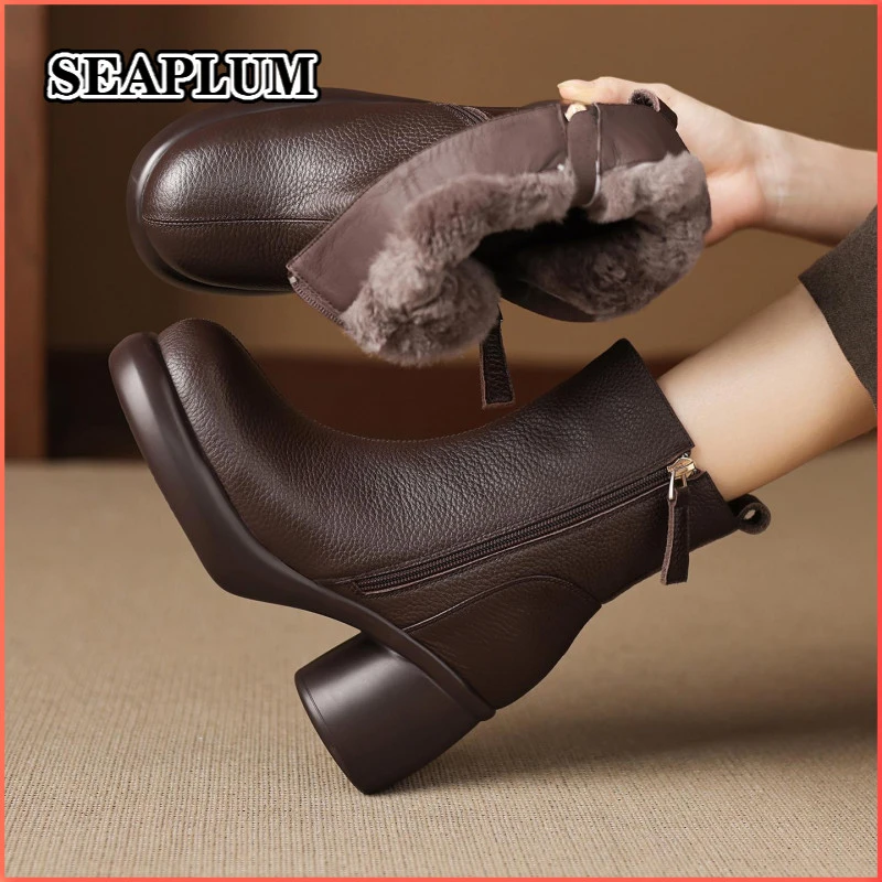 SEAPLUM7cm粗跟雪地靴女2025年新款加绒加厚棉鞋厚底高跟鞋真皮