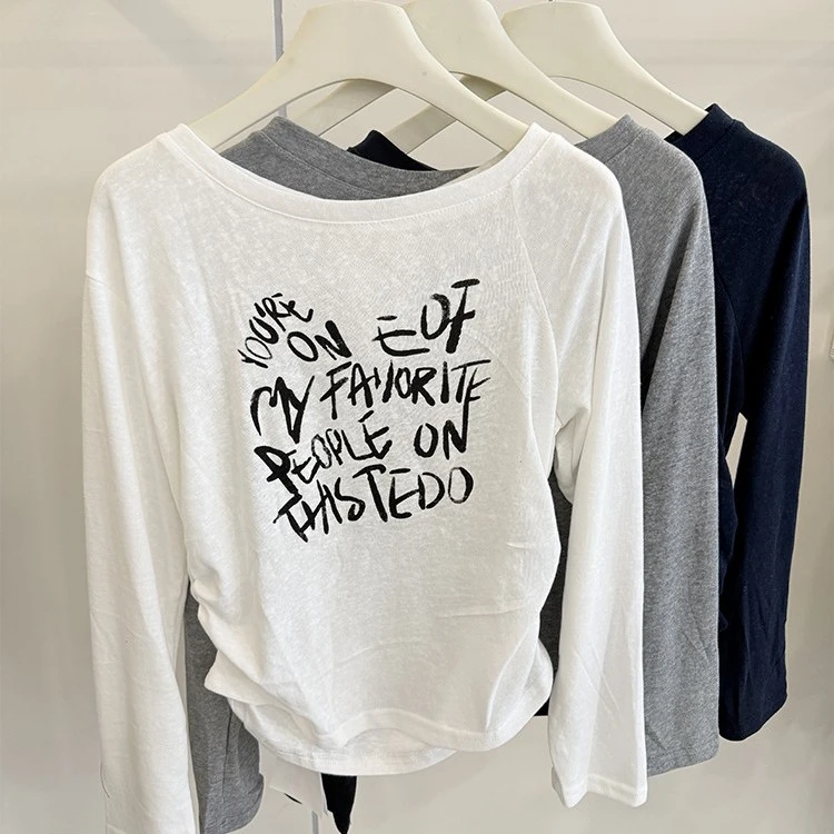 韩系斜肩字母印花长袖T恤2025早秋新款女宽松休闲百搭防晒上衣潮