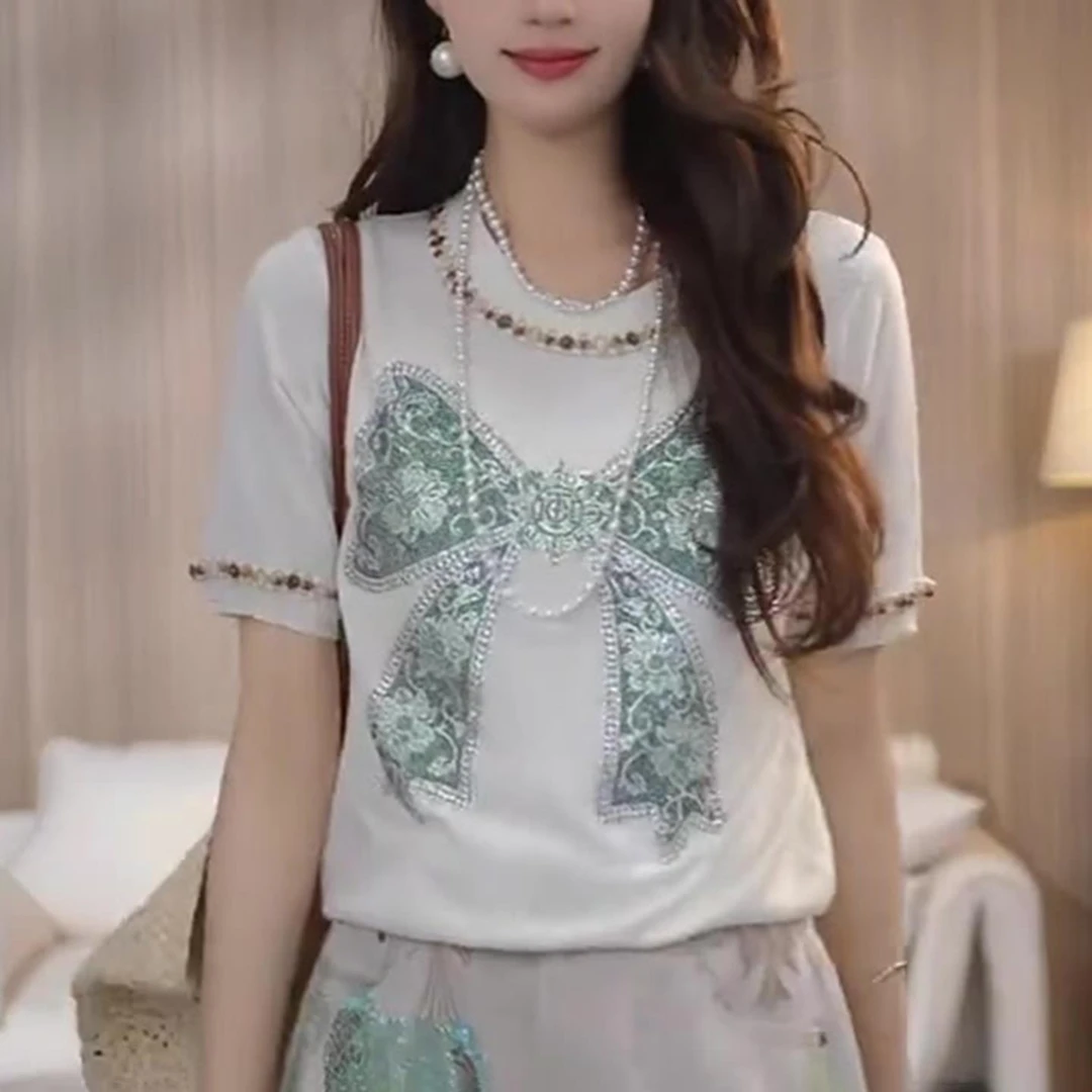 VOCKOO官方轻奢重工钉珠烫钻蝴蝶结印花高级感洋气显瘦白色短袖T