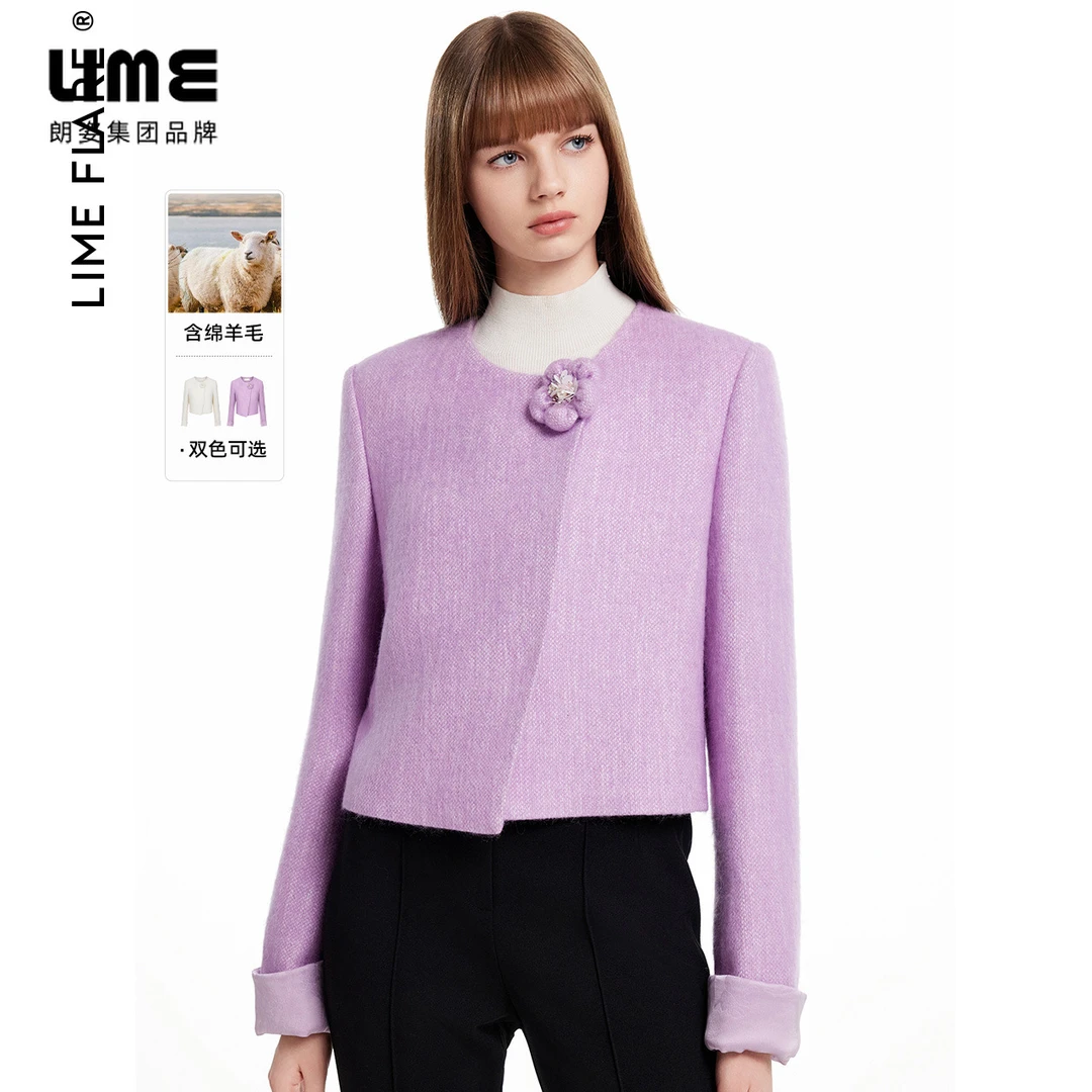 莱茵福莱尔绵羊毛双色毛呢外套国风缎面拼接斜襟胸针LMFD18WJK177