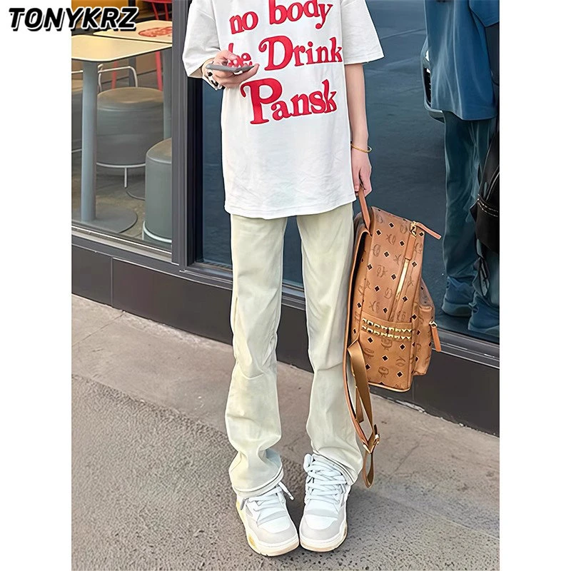 TONYKRZ美式复古vibe裤子高街黄泥色牛仔裤男窄版直筒修身微喇裤