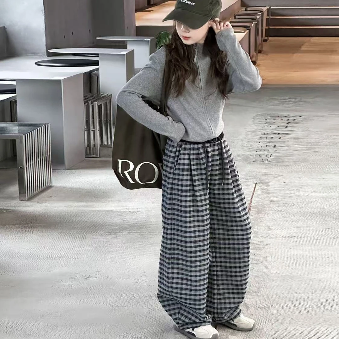 女童秋季新款套装休闲纯色拉链上衣格子弯刀裤休闲百搭两件套
