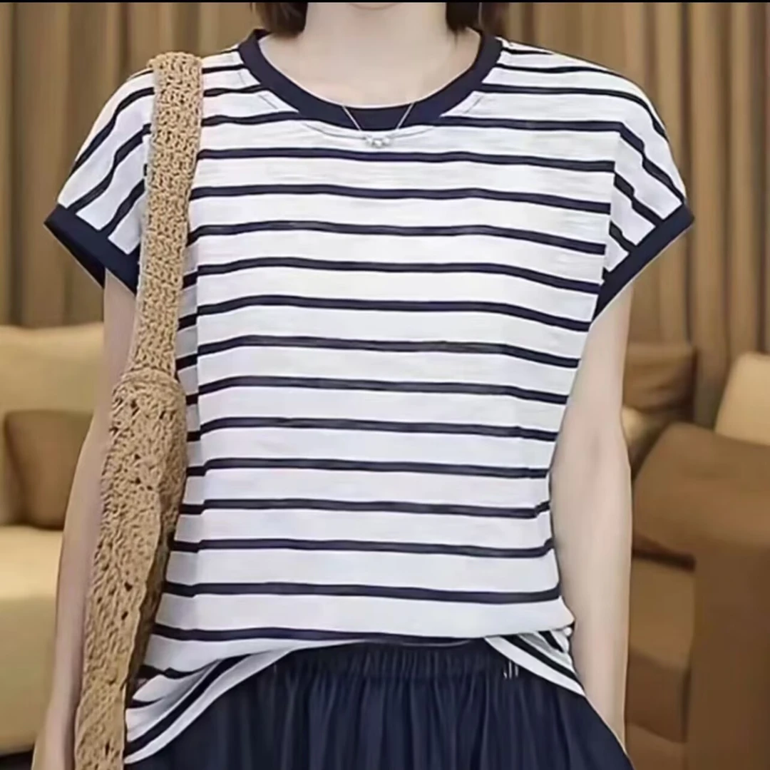 夏季新款时尚休闲洋气百搭宽松圆领显瘦t恤短袖女士上衣 条纹短袖