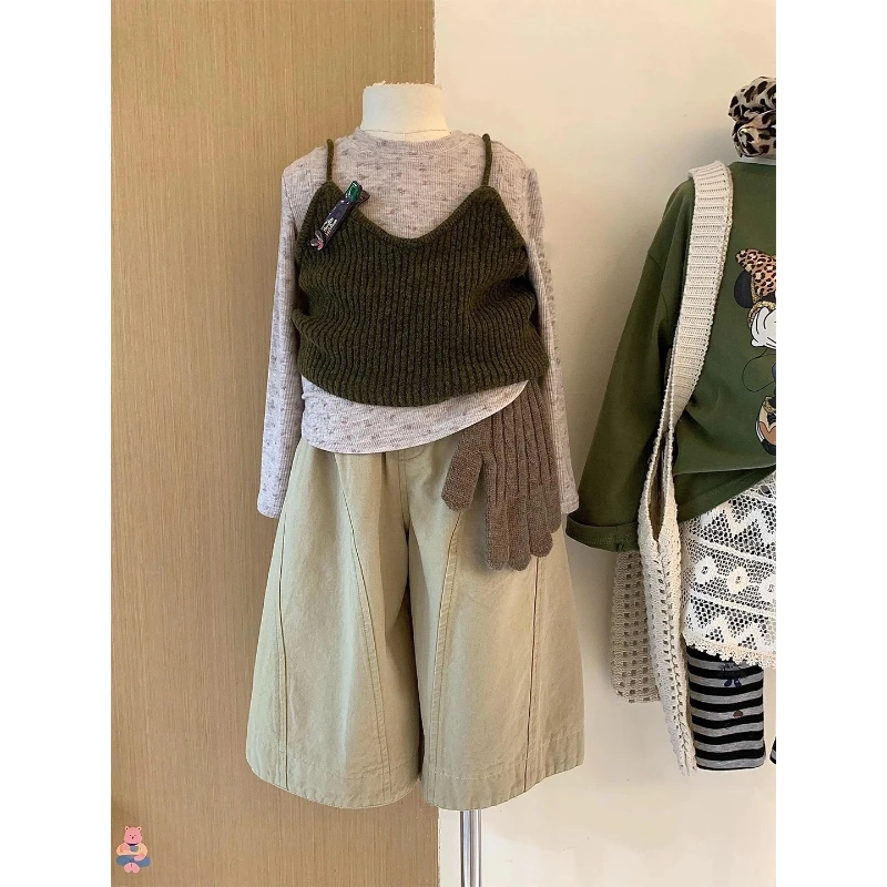 韩国童装女童纯色叠穿针织吊带2025秋季新款休闲百搭阔腿裤三件套
