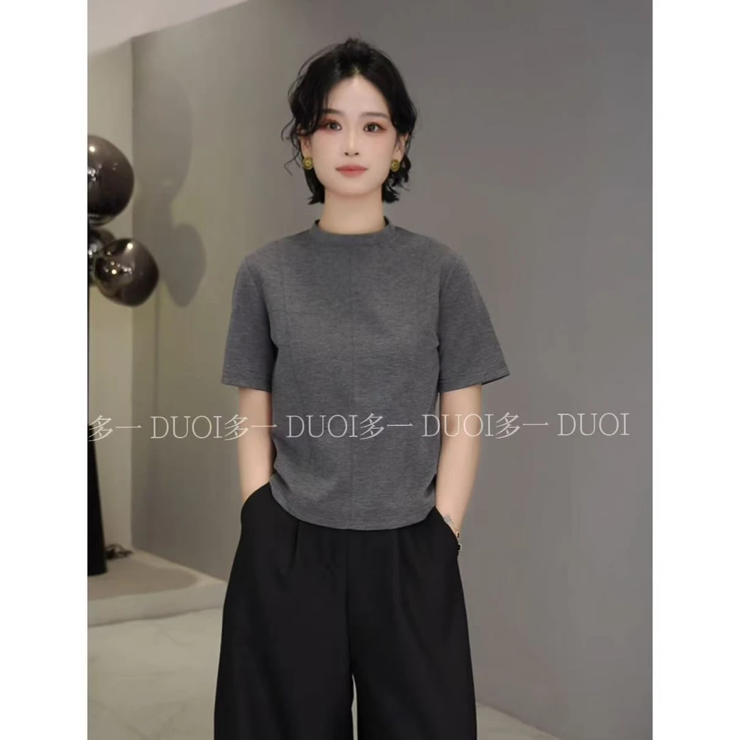 多一“鱼骨T”2025早秋小立领压线设计后拉链套头修身百搭T恤