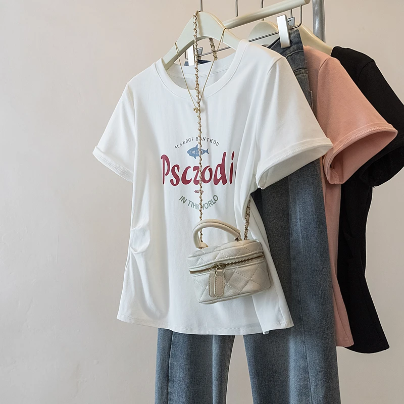 大码女装2025夏季新款胖mm百搭字母印花褶皱收腰短袖T恤上衣1885