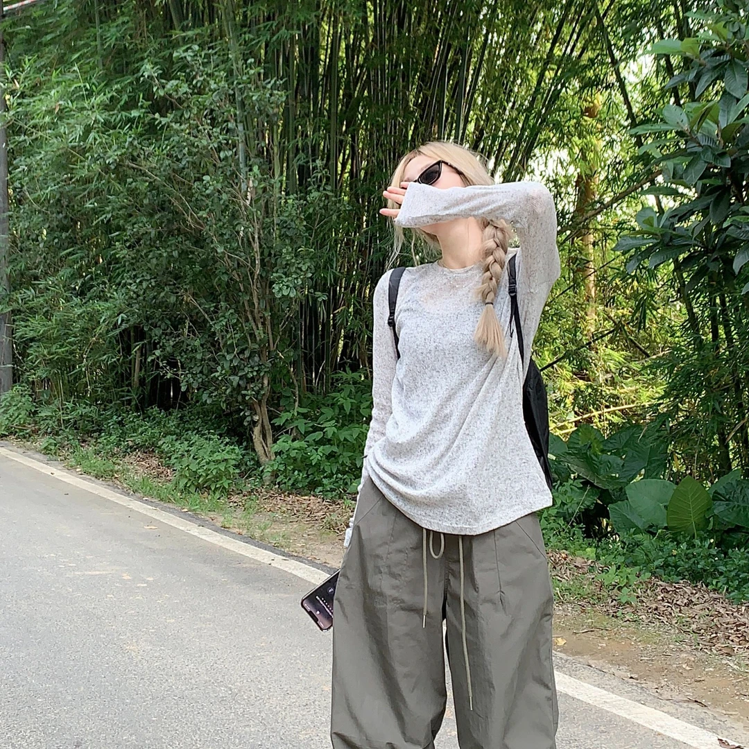 灰色防晒罩衫女夏季宽松轻薄透视T恤薄款空调衫休闲微透长袖上衣