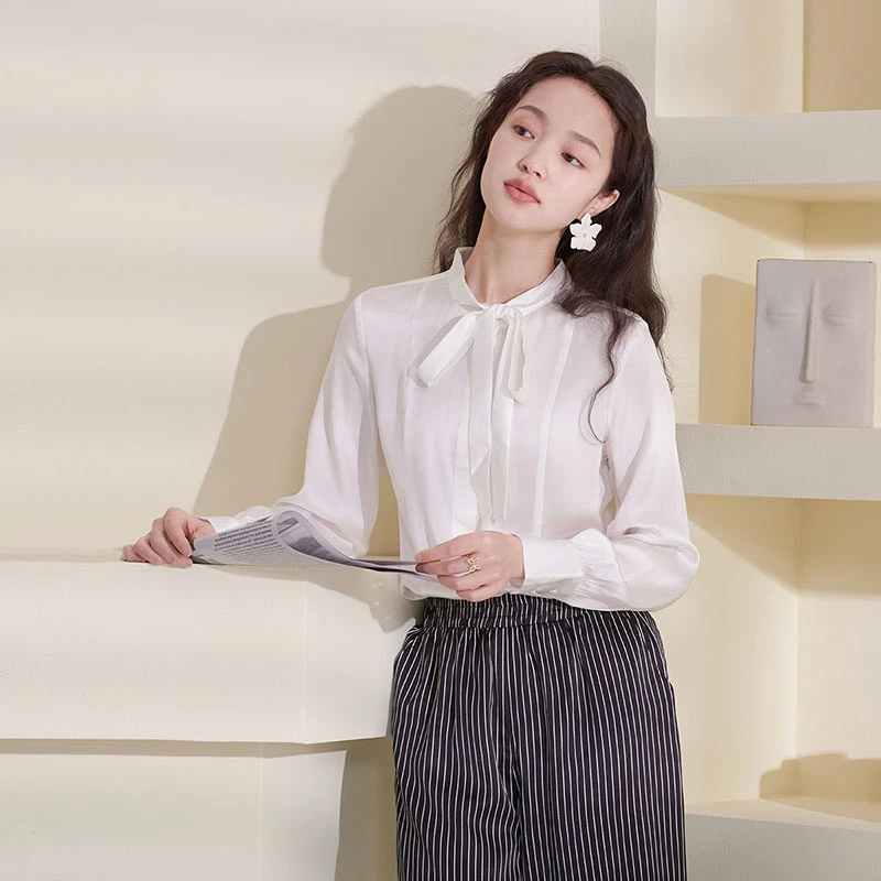 思诺芙德系带领休闲纯色百搭桑蚕丝衬衫