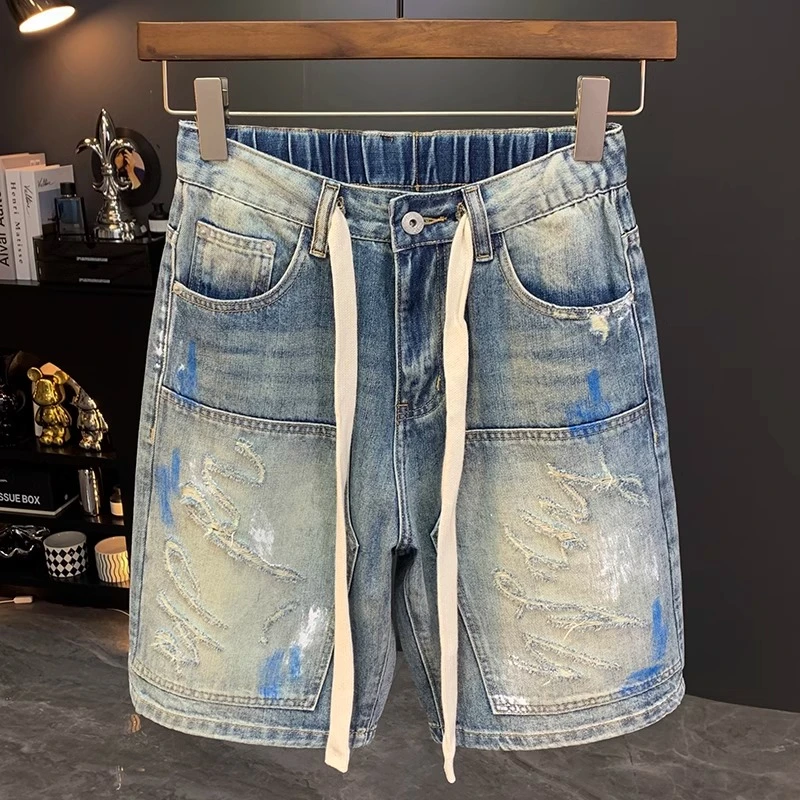 Cebrodz抽绳牛仔短裤男夏季新款潮牌ins破洞五分裤松紧腰弹力中裤