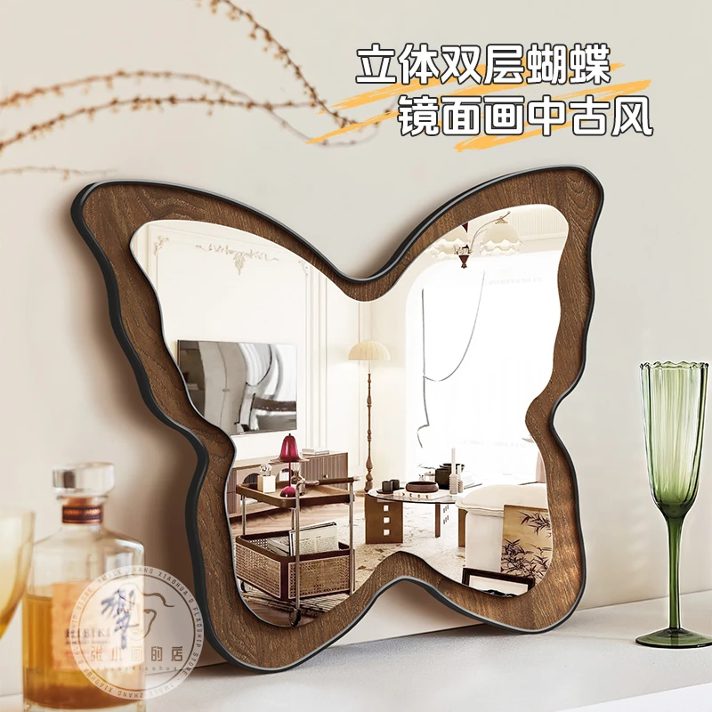 立体蝴蝶镜子画奶油中古风挂画桌面摆件画高级感装饰画小众艺术