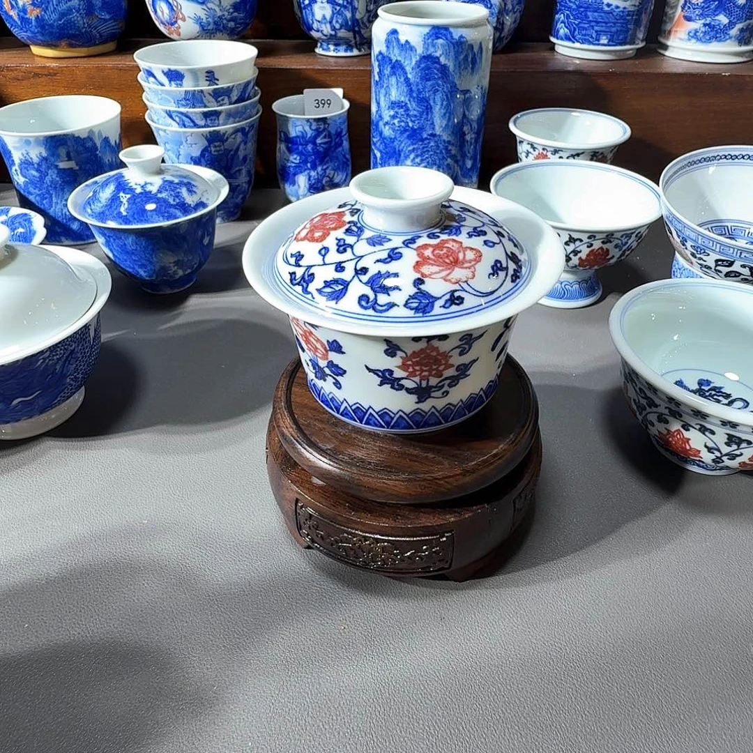 泥塑盖碗手工手绘微瑕