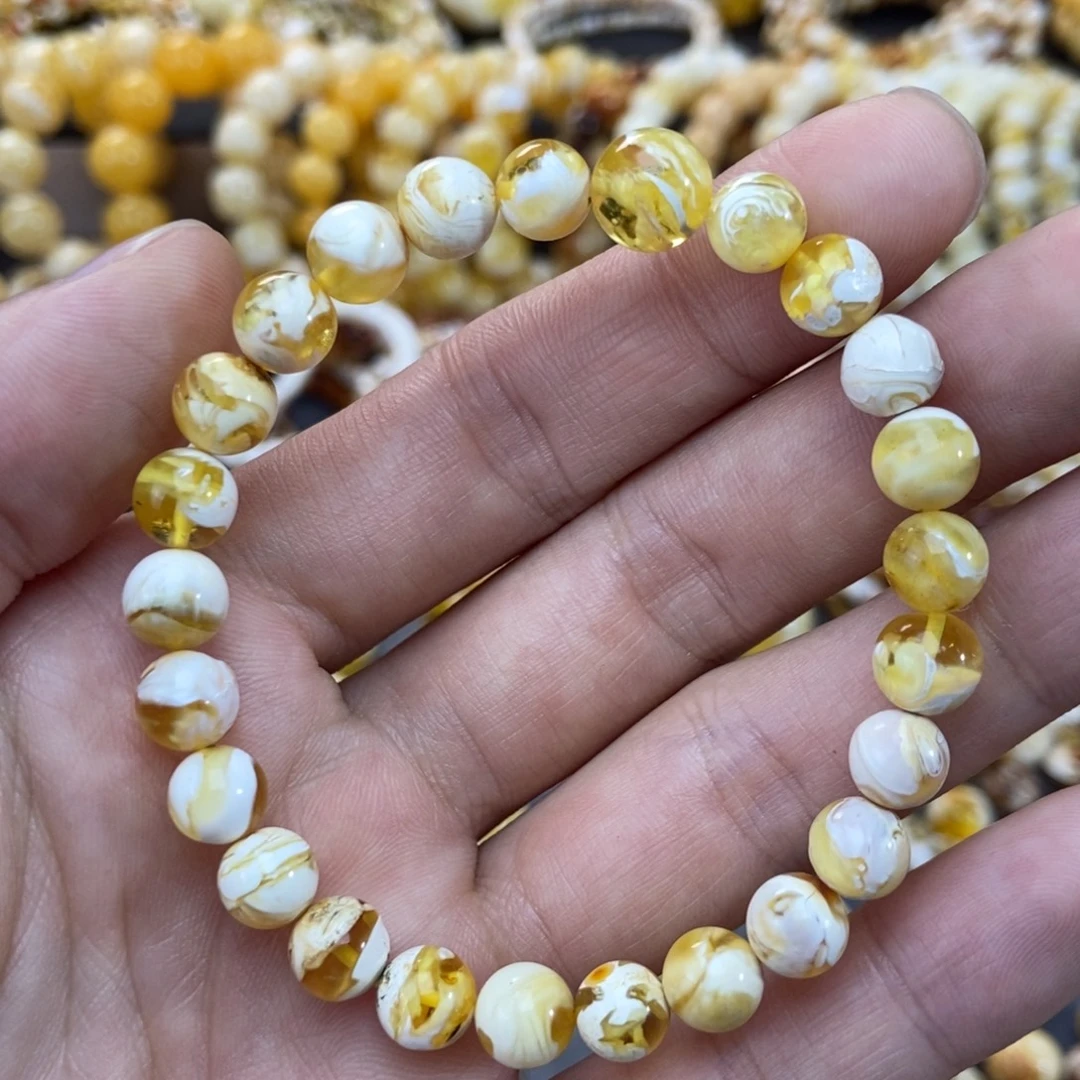 琥珀未镶嵌手链7+mm尺寸金漆白拉丝溶洞