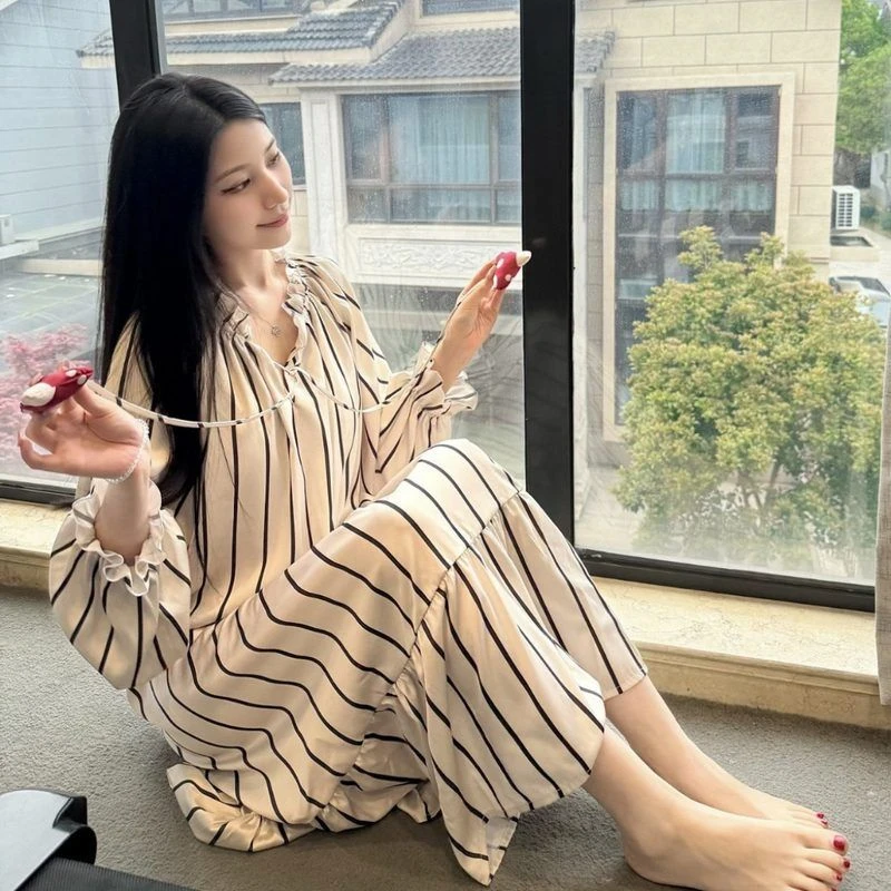 【木骨】冰丝睡裙女2024新款条纹简约休闲高级感家居服带胸垫直播