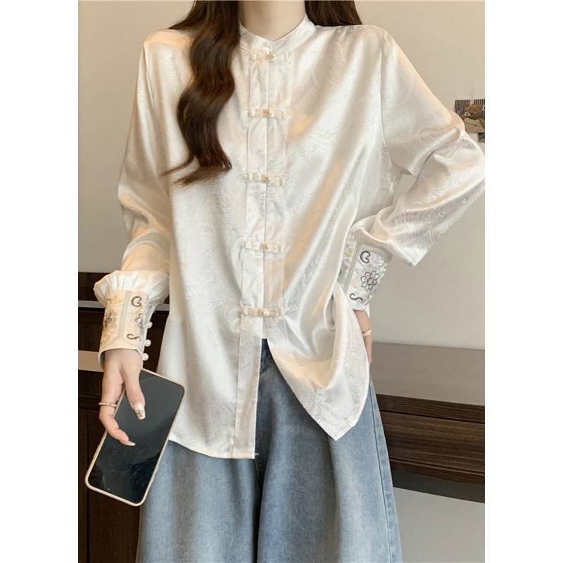 新中式国风刺绣衬衫女春季2025新款搭配马面裙上衣内搭打底衫衬衣