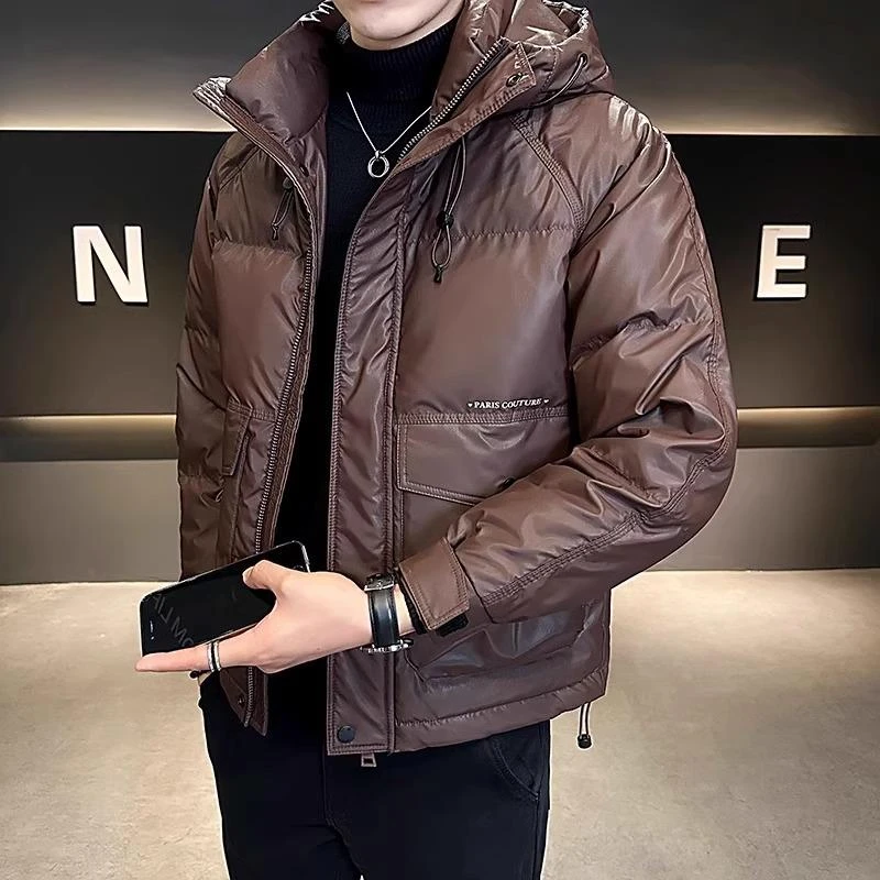 潮牌轻奢连帽皮品质服男士修身短款外套冬季新款潮流加厚保暖轻薄