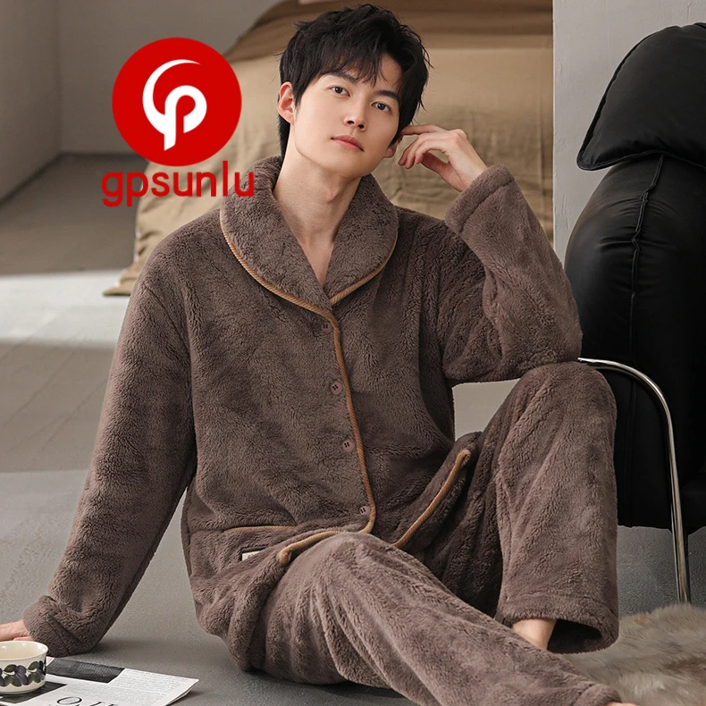 gpsunlu高端男款过冬保暖睡衣秋冬款加厚加绒法兰绒珊瑚绒家居服