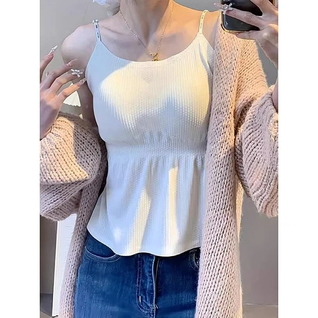 大码一体带胸垫吊带背心女春夏外穿内搭微胖mm遮肚子显瘦美背内衣