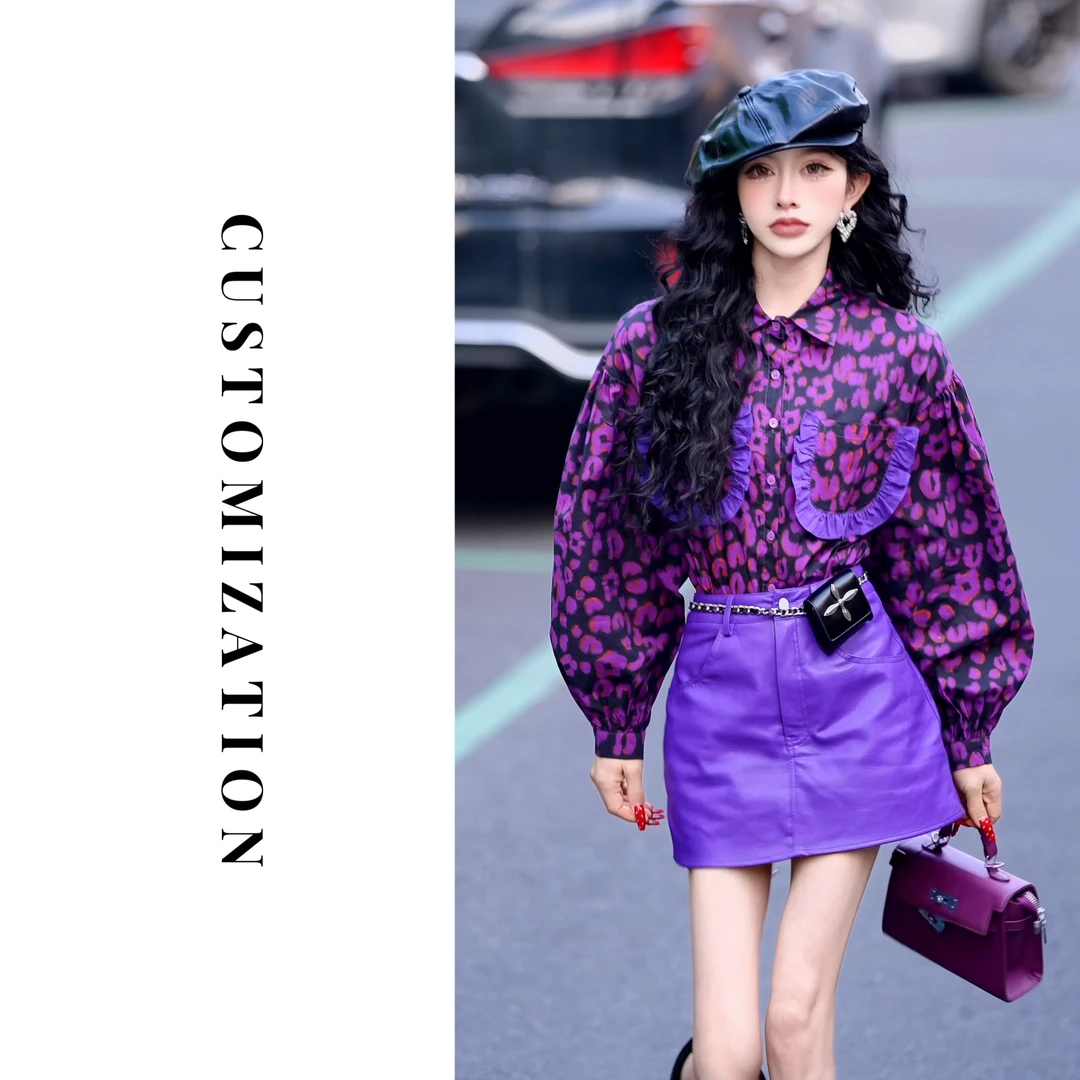 2025年春款粉色豹纹拼接黑色蕾丝花边口袋