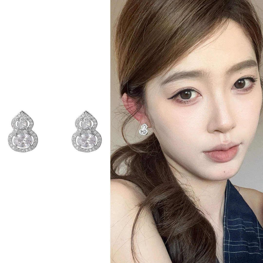 oushipei/欧诗佩 铜合金合成锆石耳饰 新中式镂空镶钻葫芦耳环女