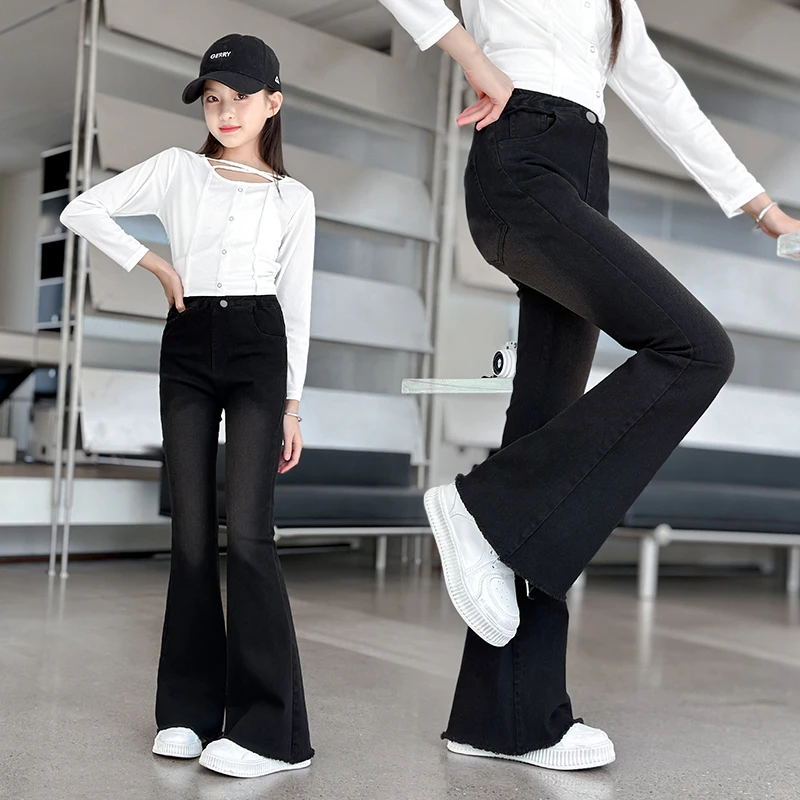 女童牛仔裤春秋时髦洋气微喇秋款黑色大童秋天喇叭裤秋装儿童裤子