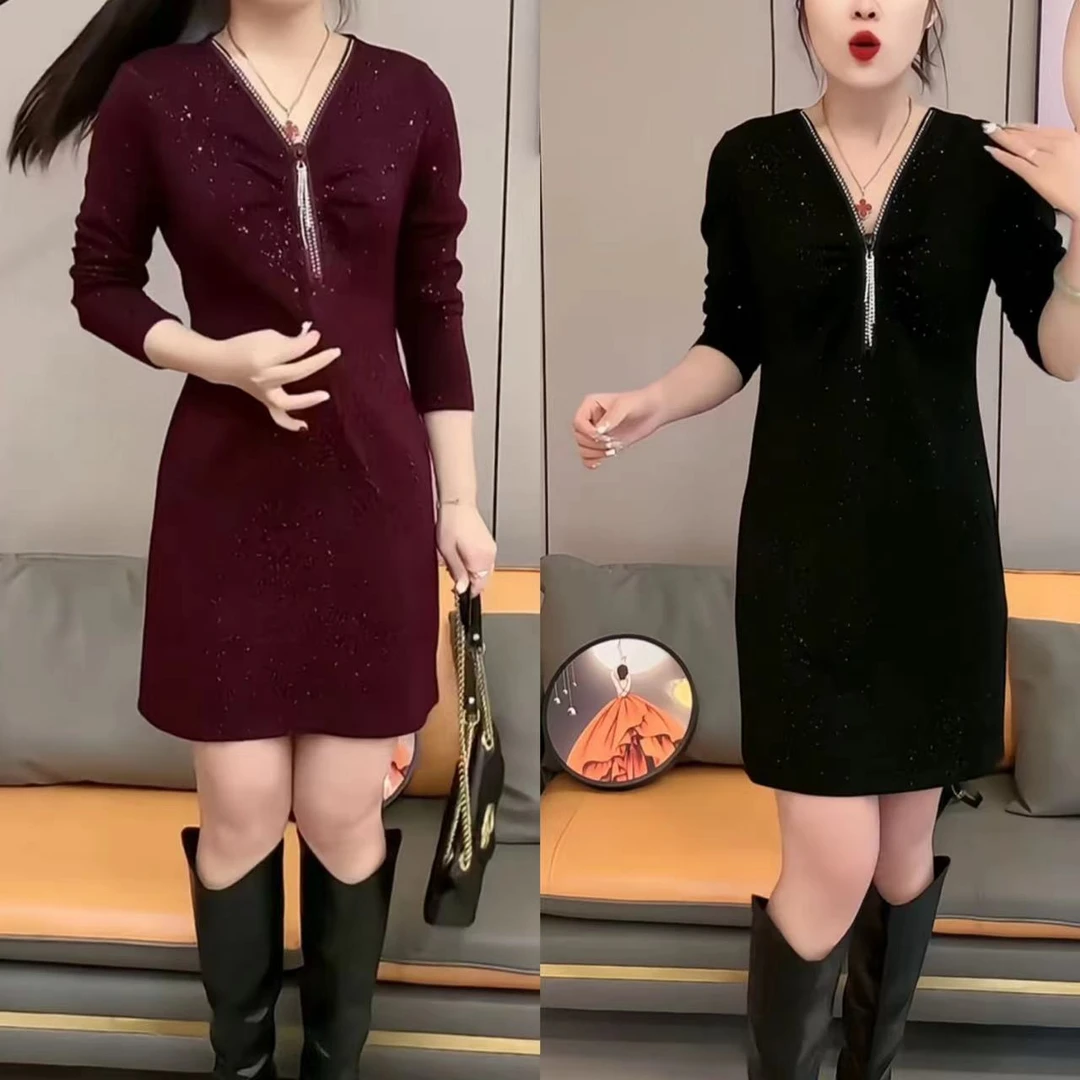 中长款遮肚连衣裙女秋季新款显瘦收腰打底裙子0918