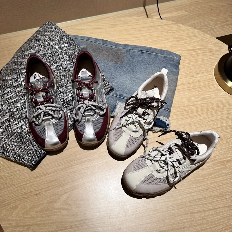 2025春季新款德训鞋双鞋带设计牛皮拼色阿甘鞋女鞋休闲鞋百搭