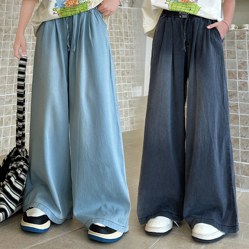 儿童夏季薄款牛仔裤天丝软牛仔女童中大童垂顺透气宽松韩版阔腿裤