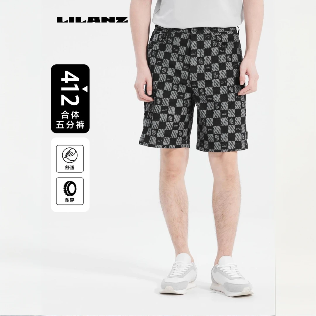 利郎牛仔五分裤短裤男B5XST102舒适时尚夏季透气印花格纹中裤百搭