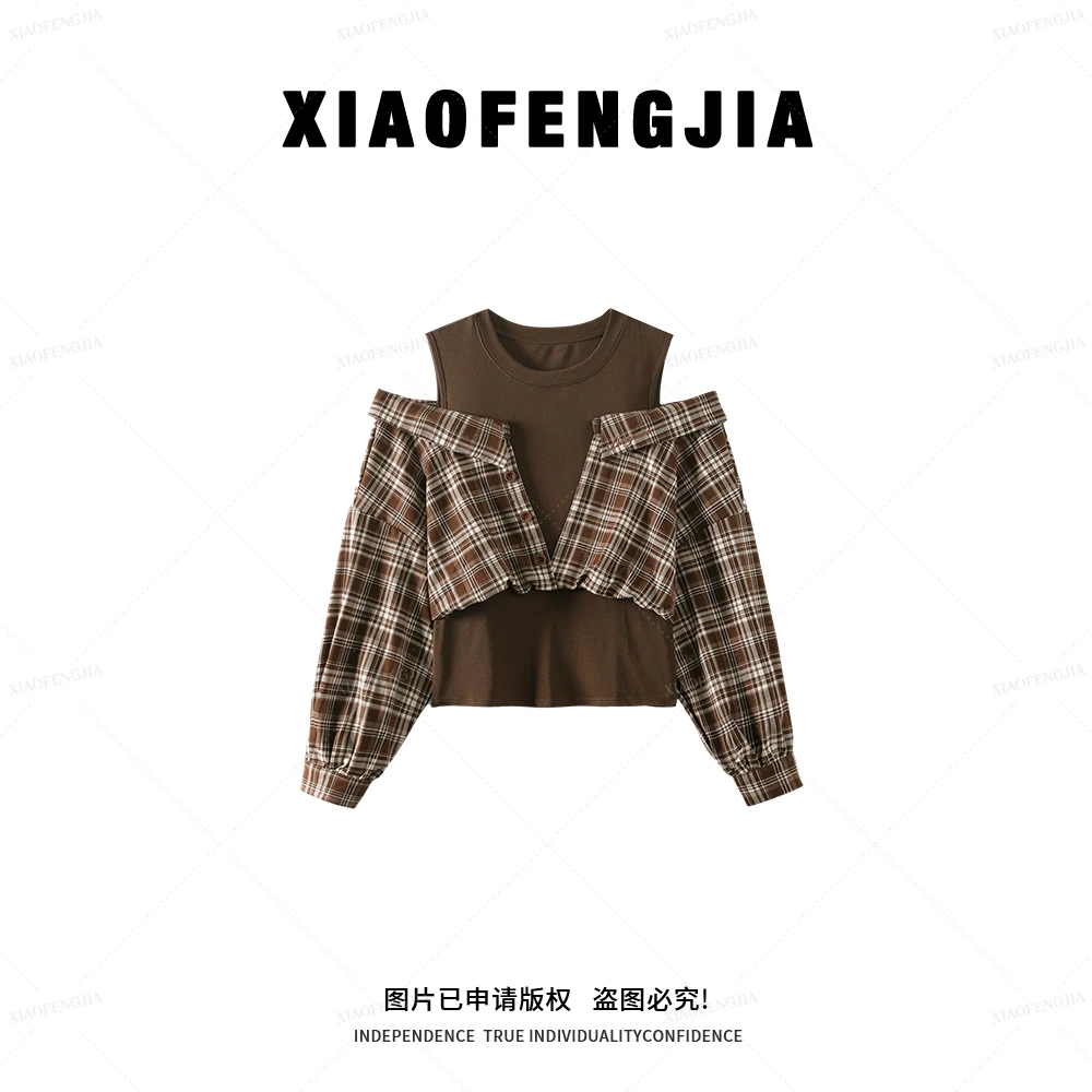 【甜心萝莉】2025秋季新款【四季青小封家轻奢】拼接露肩T恤上衣9056