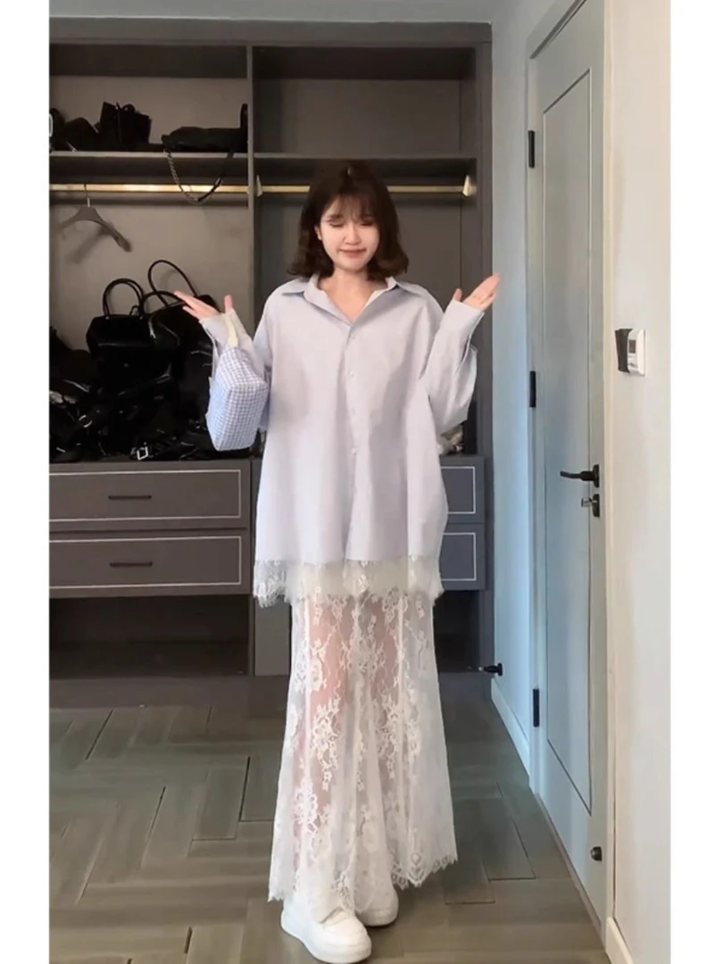 法式polo领蕾丝拼接蓝色长袖衬衫女2025春季新款宽松蕾丝拼接衬衫