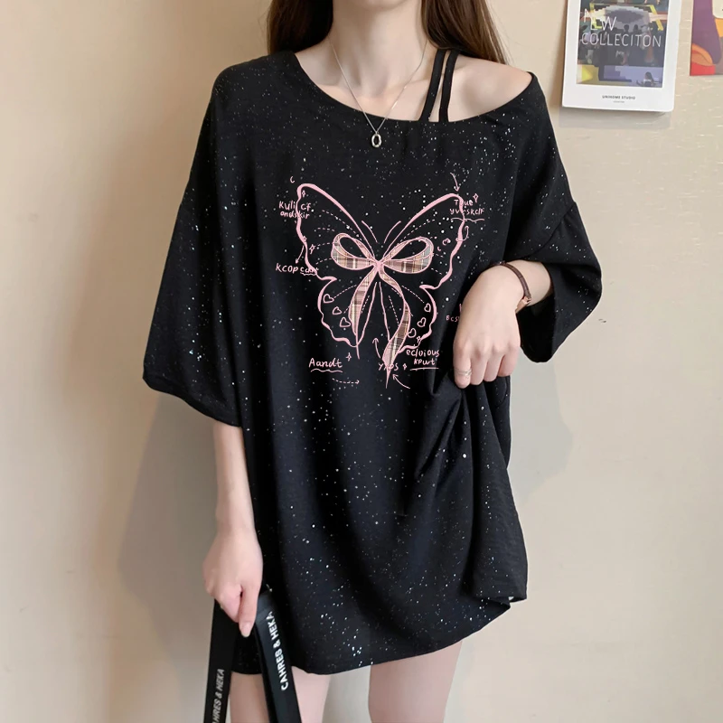 满天星短袖T恤女夏季爆款宽松时尚百搭洋气休闲大码斜领半袖上衣