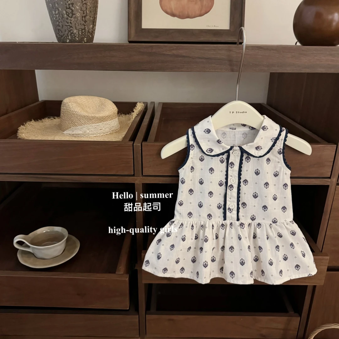 【甜品起司】法式碎花！女宝宝甜美可爱薄款娃娃领背心洋气公主裙