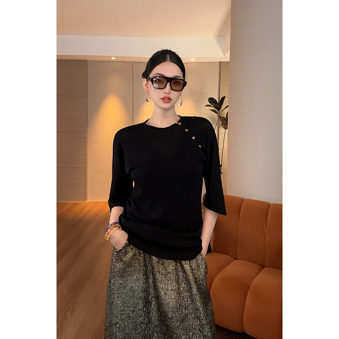 紫紫 露华浓 中式黑色斜门襟圆领休闲百搭针织上衣女 ZD02SMHJ698